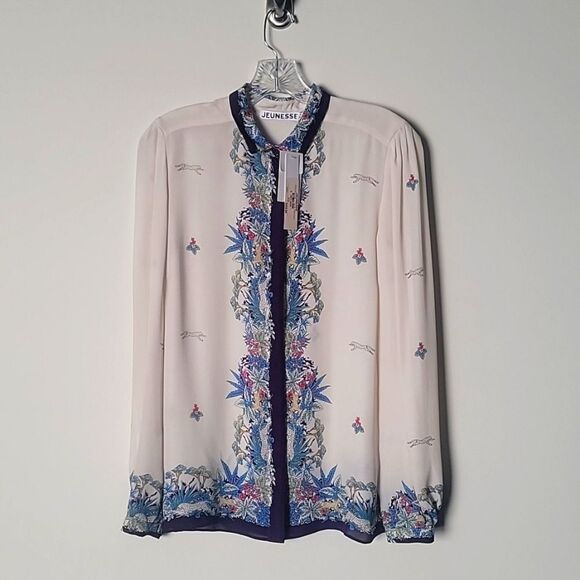 NWT Jeunesse XS Retro Printed Silk Button Front Top Blouse Modest Long Sleeve - Picture 1 of 16